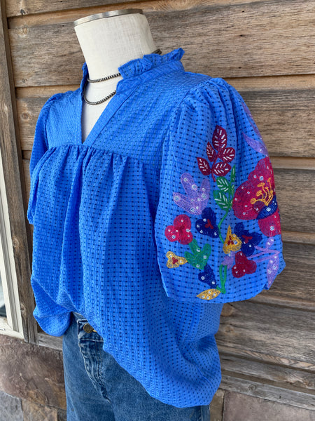 Blue Embroider Sleeve Top