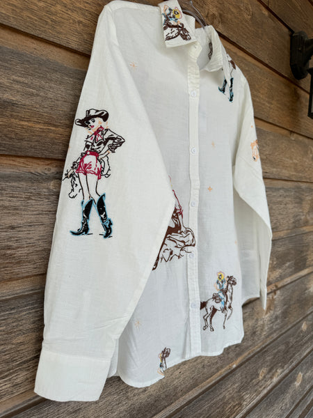 Cowgirl Motif Linen Button Up