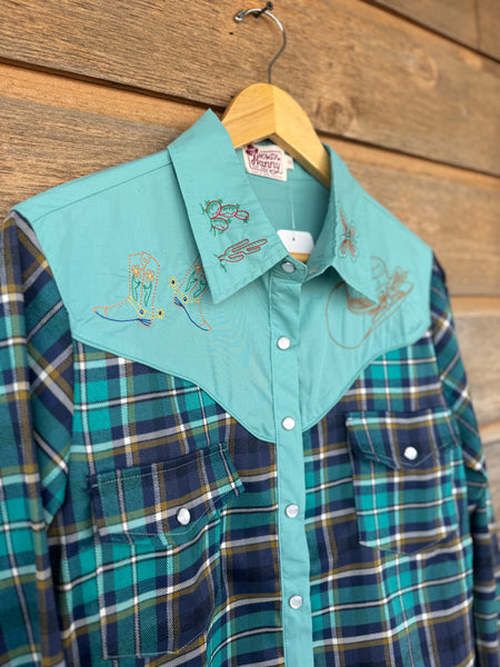 Turquoise Plaid Pearl Snap
