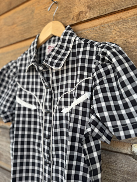 Black & White Gingham Smile Pockets & Puff Sleeves