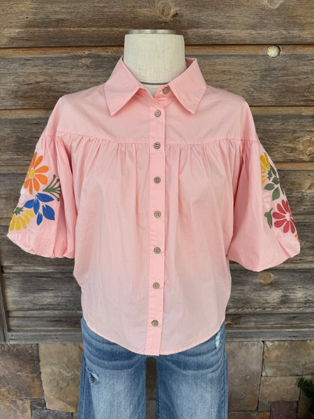 Pale Pink Balloon Sleeve Blouse