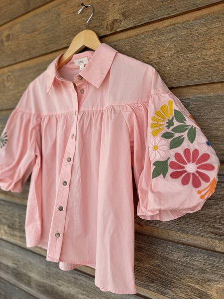 Pale Pink Balloon Sleeve Blouse