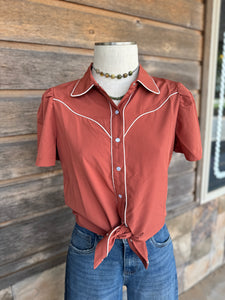 Rust Puff Sleeve Pearl Snap Top