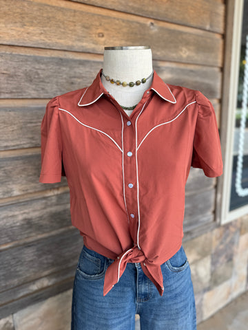 Rust Puff Sleeve Pearl Snap Top
