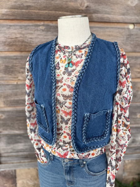 Denim Vest with Braided Trim