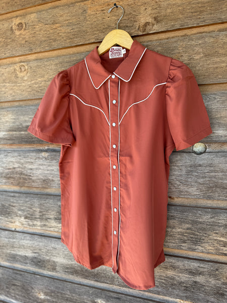 Rust Puff Sleeve Pearl Snap Top