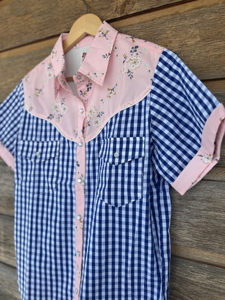 Light Pink & Blue Gingham Pearl Snap