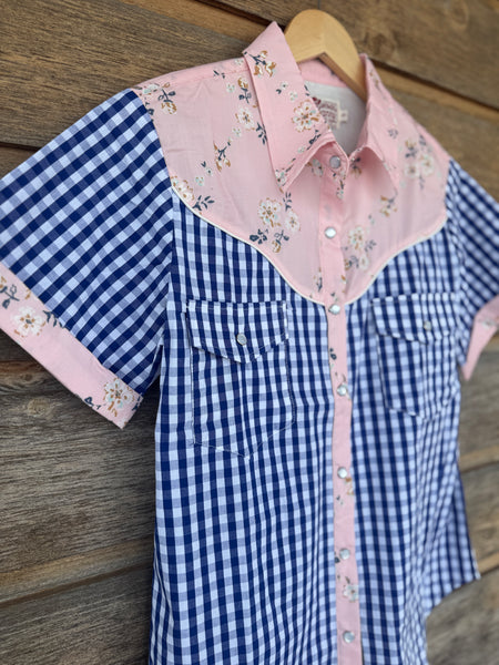 Light Pink & Blue Gingham Pearl Snap
