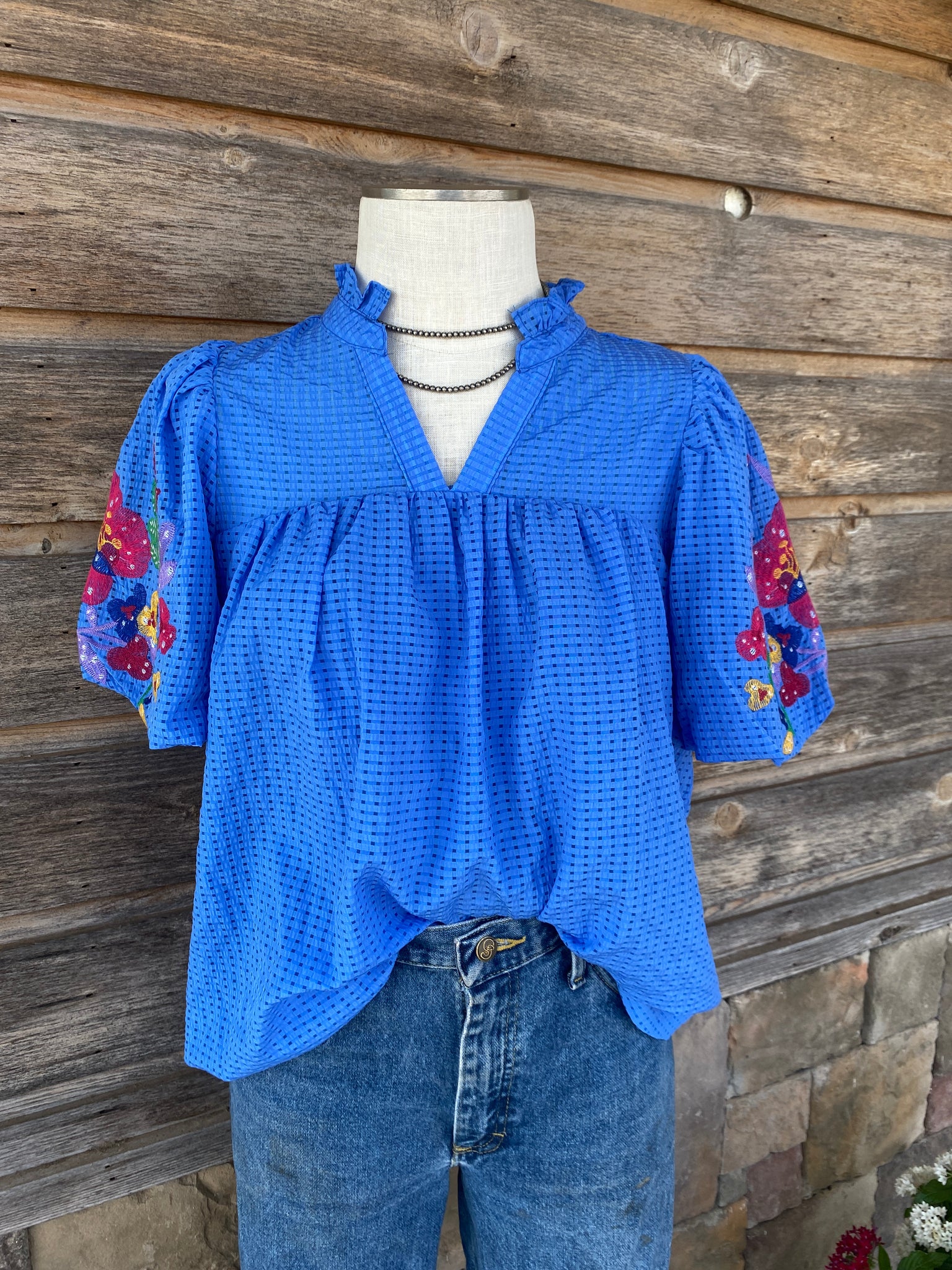 Blue Embroider Sleeve Top