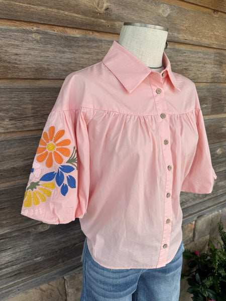 Pale Pink Balloon Sleeve Blouse