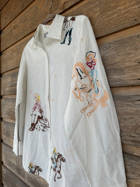 Cowgirl Motif Linen Button Up