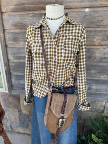 Brown Gingham Smile Pockets Long Sleeve