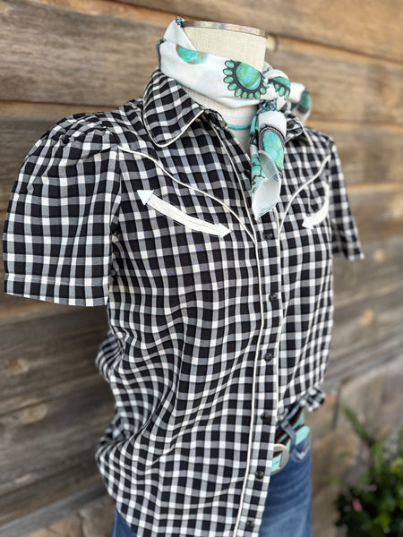 Black & White Gingham Smile Pockets & Puff Sleeves