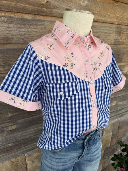Light Pink & Blue Gingham Pearl Snap