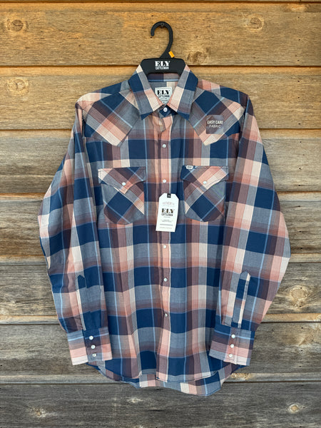 Ely Cattleman Denim Blue Plaid Longsleeve