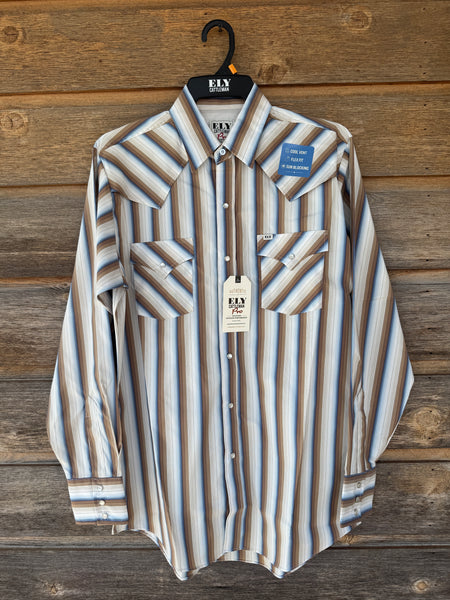 Ely Cattlemen Pro Outdoor Vented Shirt - Tan & Blue Stripe