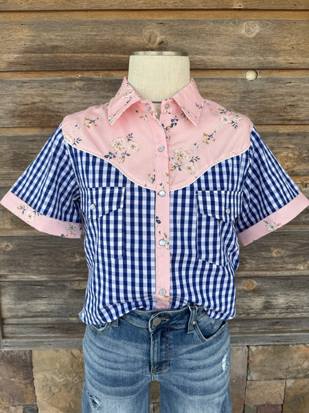 Light Pink & Blue Gingham Pearl Snap