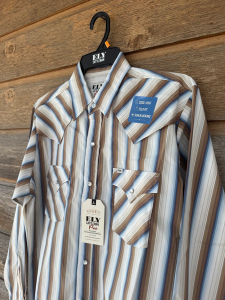 Ely Cattlemen Pro Outdoor Vented Shirt - Tan & Blue Stripe