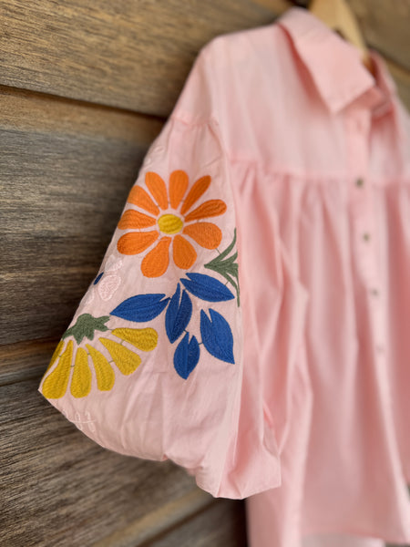 Pale Pink Balloon Sleeve Blouse