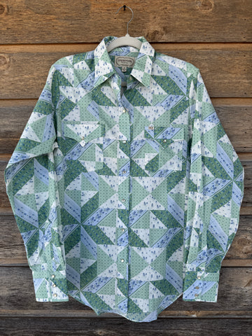 Green Quilted Patchwork Pearl Snap